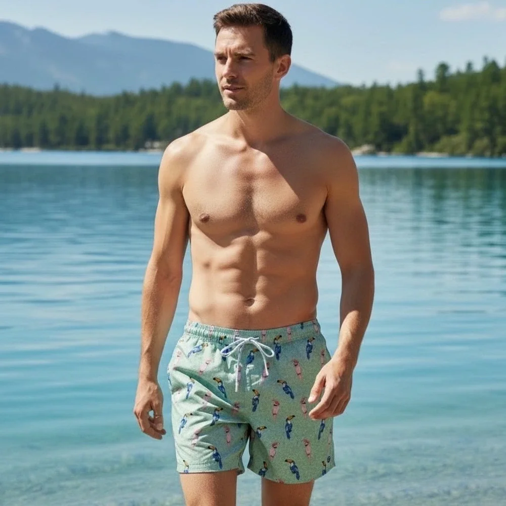 johnnie-O Men Bird of Paradise Swim Trunks Seafoam Green XXL JMSS3130 7in Inseam